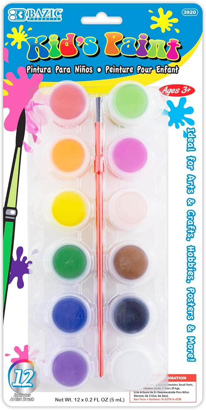 BAZIC Products Watercolor Aint w/Brush 60 ml, 12 Colors Non-Toxic Paint Set, for Hobby Fun Vibrant Color Painting Art Supplies, Gift for Artists, 24-Pack