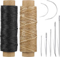 110Yards Waxed Thread with 7 Pcs Leather Needles for Hand Sewing 150D Flat Sewing Waxed Thread Leather Repair Needles for Sewing Upholstery Leather Canvas Bags Sofa Furniture（Black+Khaki）