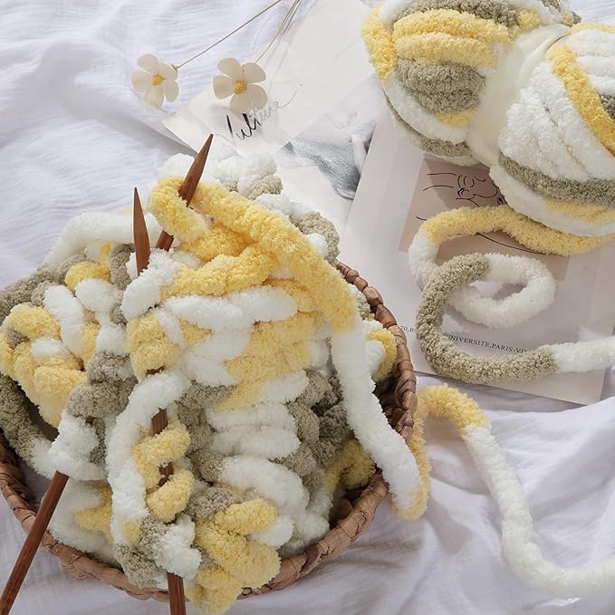 HOMBYS 8 Pack Giant Chunky Yarn for Crocheting,Super Bulky Large Soft Fluffy Yarn,Tie Dye Plush Fuzzy Yarn,Mixed Color Thick Chenille Yarn for Hand Knitting/Arm Knitting (White,Yellow,Brown)