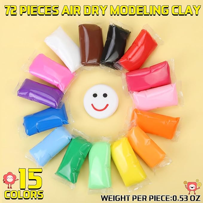 72 Pcs 38oz Air Dry Clay Bulk Modeling Ultra Lightweight Foam Modeling Clay for Kids Adults DIY Gifts Party Arts Crafts and School Project Supplies (16 Colors)