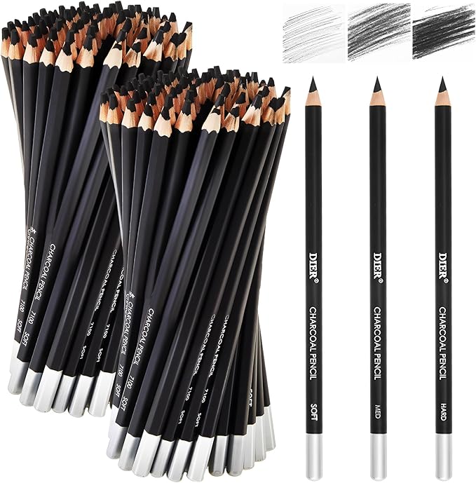 Geyoga 180 Pcs Professional Charcoal Pencils Drawing Set Soft Medium and Hard Charcoal Sketch Drawing Pencils for Beginners Artists Shading Sketching