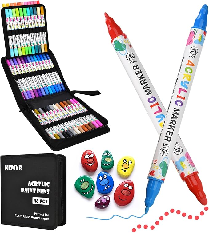 48 Colors Acrylic Paint Pens, Dual Tip Acrylic Paint Markers for Paper, Wood, Canvas, Stone, Rock Painting, Glass, Fabric, DIY, Ceramic, Art Supplies for Adults Drawing (Dot + Fine)