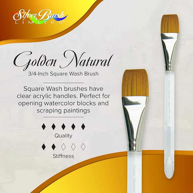 Silver Brush Limited 2008S-1 Golden Natural Square Wash Paintbrush for Oil, Acrylic, Watercolor, Gouache, Inks, & Dyes, Size 1 Inch, Short Handle