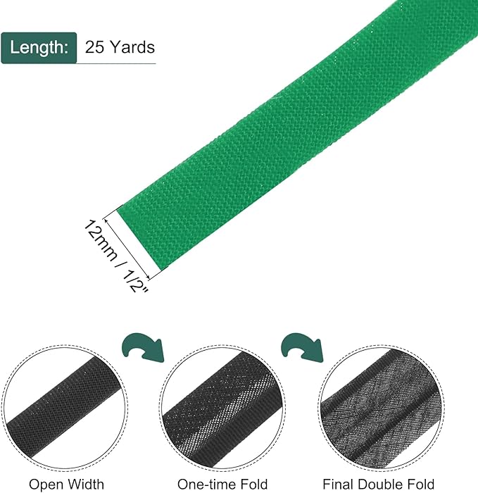 MECCANIXITY 1/2 Inch Double Fold Bias Tape Polyester Continuous Bulk Bias Tape for Sewing,Seaming Quilting Hemming Binding Crafts (Green 25 Yards)