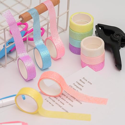 YUBX Glitter Washi Tape Set 6 Rolls Sparkling Foil Decorative Sprinkle Colored Masking Tapes for Arts, DIY Crafts, Journals, Planners, Scrapbook, Wrapping (6 Colors)