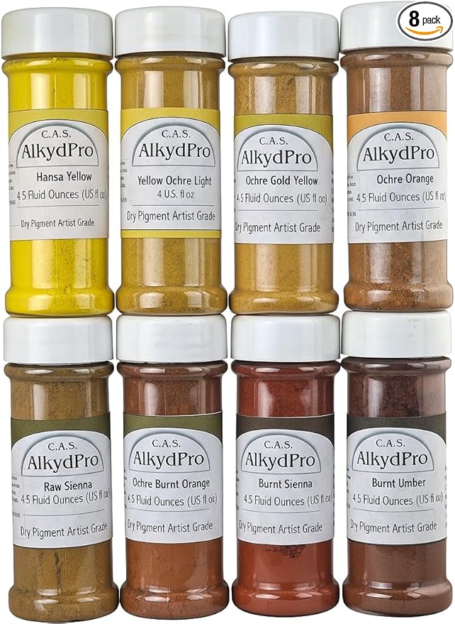 Hansa Yellow, Ochre, Sienna, Umber Pigment Set for Oil Paint, Watercolor, Acrylic, Epoxy Resin, Encaustic, Concrete, Dry Powder Artist Grade, 4.5 Fl Oz (Pack of 8)