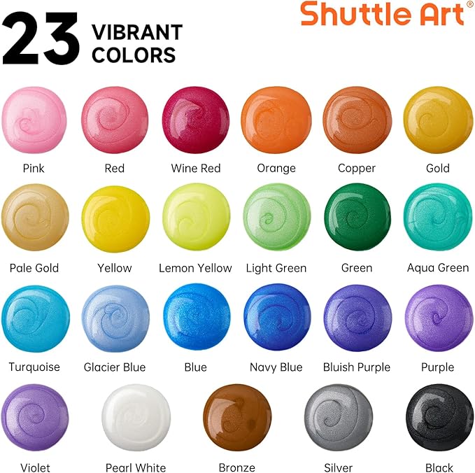 24 Pack Metallic Acrylic Pouring Paint, Shuttle Art 23 Metallic Colors Ready-to-pour Acrylic Paint with 1 Silicon Oil, 60ml/2oz Each, Rich Pigment, High Flow Pouring Paint Set for Canvas, Rock, Ceramic, Wood