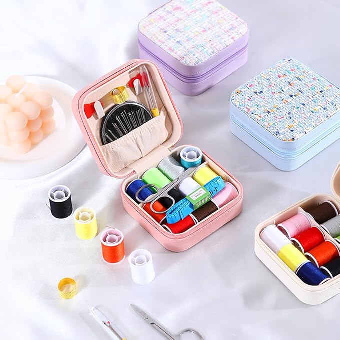 Mini Sewing Kit in Stylish Leather Case – Complete Set with Scissors,Needles,Thread & More, Fashion Box for Store Jewelry– Perfect for Beginners & Travel (ChicBlack)
