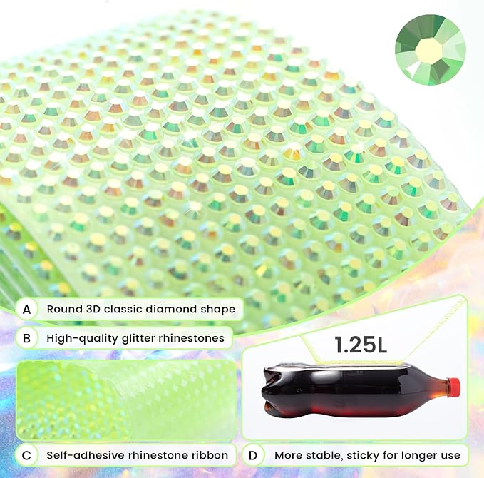 Novani Self Adhesive Rhinestone Ribbon, 0.39 Inch Wide 3 Yards 1 Roll, Light Green AB Diamond Bling Strips for DIY Crafts, Glitter Resin Rhinestones Tape for Crafting, Car Decoration