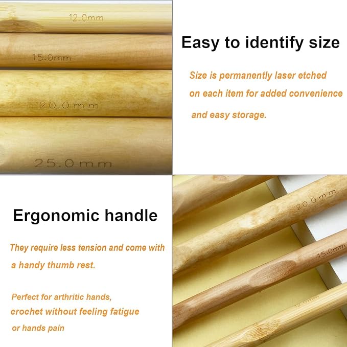 Mdoker Huge Crochet Hook Set Size 12mm(O)/15mm(P/Q)/20mm(S)/25mm(U) Large Wooden Crochet Hooks Needles for Giant Chunky Yarn Carpet Scarf Bulky Wool Roving Weaving