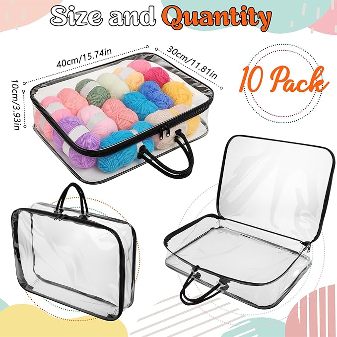 Shinylin 10 Pack Clear Yarn Storage Bags Bulk, 12 x 16 x 4 Inches Yarn Storage Organizer Tote Bag for Knitting Needles Crochet Hooks Wool Balls and Unfinished Project (Black)