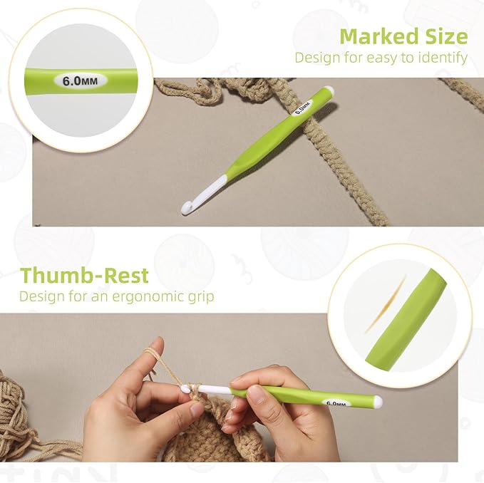 6mm Large Crochet Hook,Ergonomic Crochet Needle for Arthritic Hands, Extra Long Rubber Handle Crochet Hooks for Knitting Sweaters, Shawls and Carpets