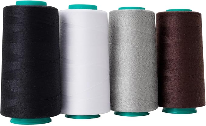 Serger Thread 4 Pack, All-Purpose Sewing Thread Polyester,4 Cones of 3000 Yards Each Spool,Cone Thread for Sewing Machine,140S/2 (Black,White,Brown,Grey)