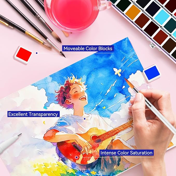 Travel Watercolor Set, 52 Colors Watercolor Paint with 1 Drawing Pencil, 1 Paint Brush, 5 Watercolor Paper, 1 Sponge & 1 Black Drawing Pen, Water Colors Paint Adults Set, Purple Case