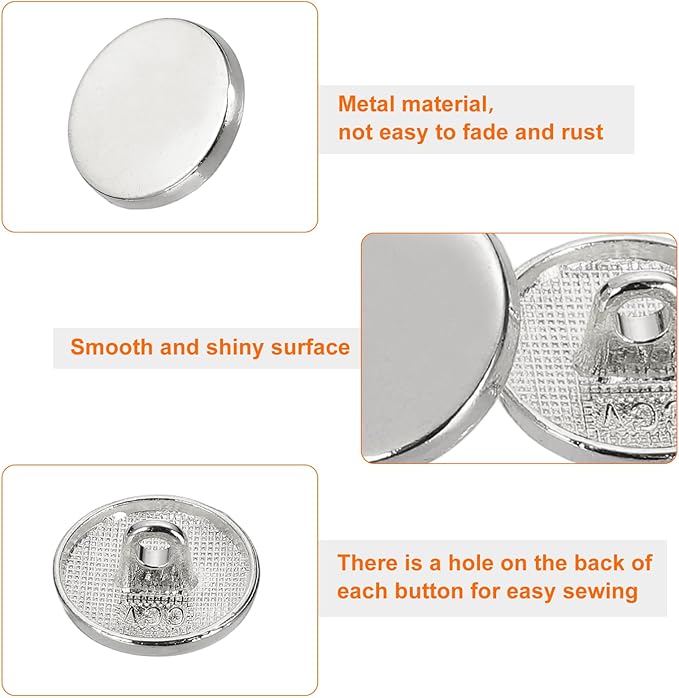 HARFINGTON 50pcs 24L Metal Round Flat Sewing Buttons 15mm Alloy Shank Craft Replacement Button for Men Women Suit Woolen Coat Shirt Trousers Sewing Crafts, Silver Tone