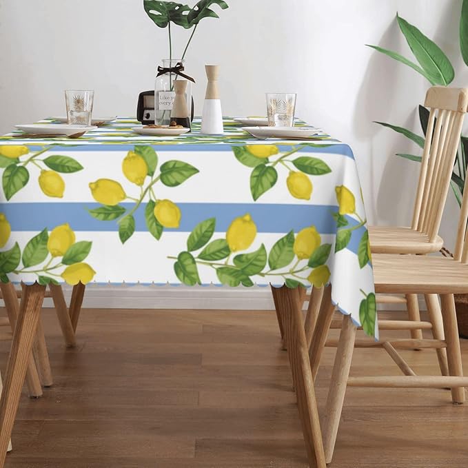 Lemon Rectangle Tablecloth Summer Yellow Lemons Blue and White Striped Table Cloth Dining Table Cover for Home Kitchen Restaurant Party Buffet Picnic 54 x 72 Inch