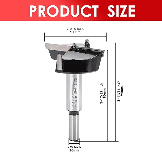 Mollom 2-3/8" (60mm) Forstner Drill Bit for Precise Woodworking with Durable YG8 Carbide Thickness of 2.0mm,This Hinge Cutter Tool is Ideal for Hard Wood, Plastic, Plywood
