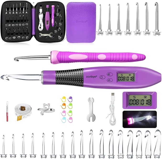 Transplant Crochet Hook Set with Stitch Counter,Crochet Kit with 24 Different Size Interchangeable Crochet Needle,Ergonomic with 2 Levels Led and Digital Stitch Counter for Crocheting and Knitting