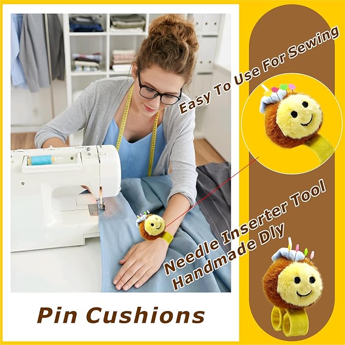 Cute Bee Wrist Pin Cushion Kit for Sewing with 50 Lovely Bird Needles,Including Threader, Thimble ＆Tape Measure for Needlework or DIY Crafts.