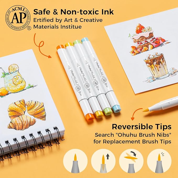 Ohuhu Alcohol Markers Brush and Soft Chisel: AP Certificated 48-color Dual Tips Drawing Markers for Artists Beginners Adults Cozy Coloring Illustration Sketching - Honolulu S - Refillable