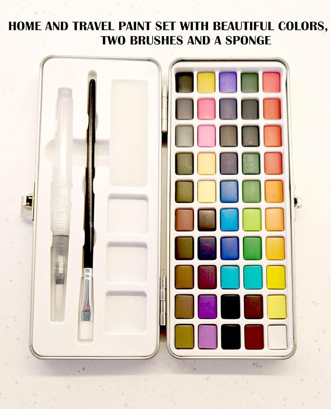 EG Liberty - 50 Color Watercolor Paint Set – Solid Watercolors in Durable Metal Tin – Non-Toxic Portable Travel Kit with Brushes & Mixing Palette – Art Supplies for Artists, Students, Beginners & Kids