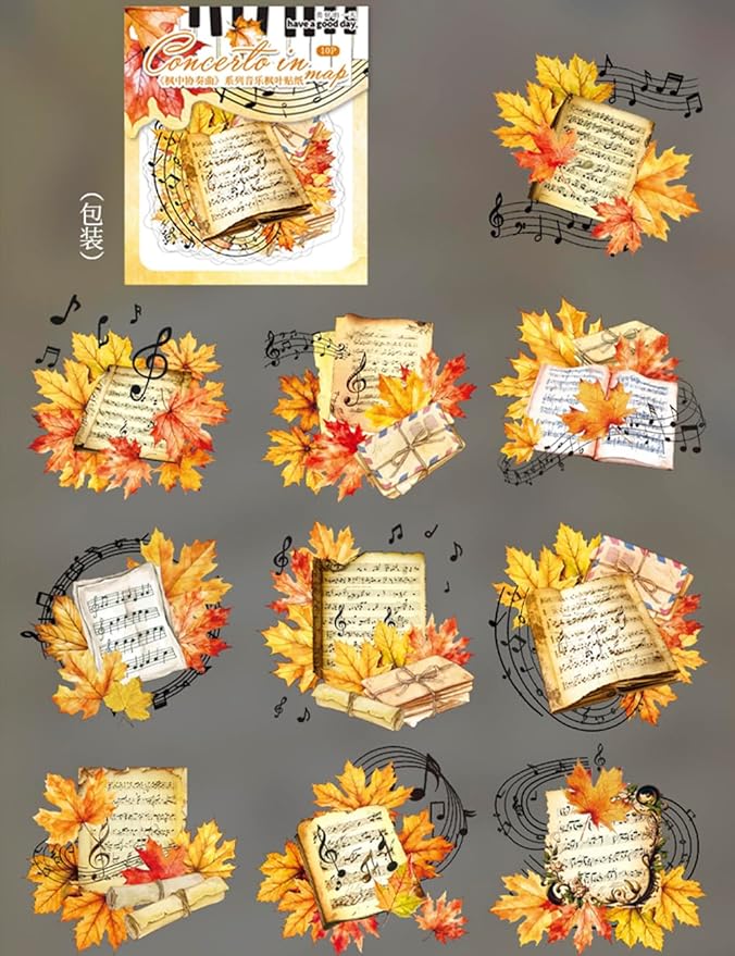 MAFELOE Scrapbook Stickers of 10 Pieces, PET Aesthetic Deco Stickers Journaling Supplies for Junk Bullet Bottles Laptop- Maple Leaf&Music Series-E
