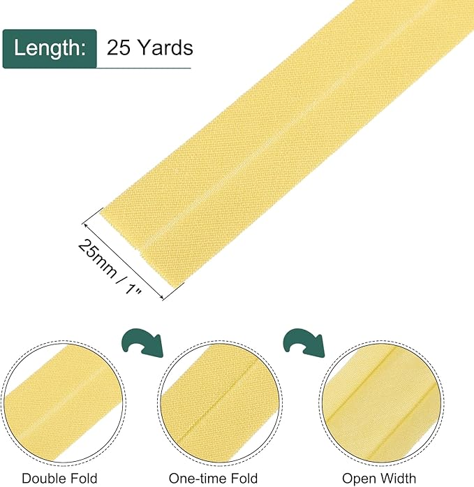 MECCANIXITY 1 Inch Single Fold Bias Tape Cotton Continuous Bulk Bias Tape for Sewing,Seaming Quilting Hemming Binding Crafts (Lemon Yellow 25 Yards)