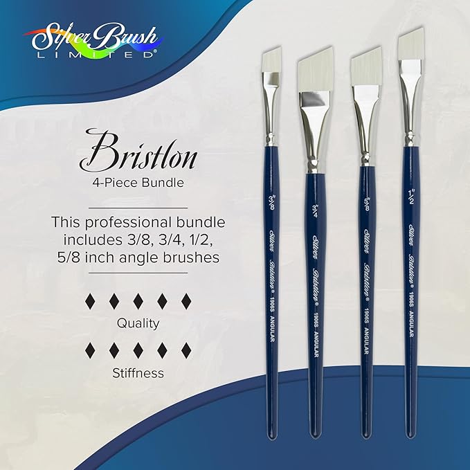 Silver Brush Limited BR-1957S Bristlon Short Handle Angle Brushes with Stiff White Synthetic Tips, 4pc Premium Painting Bundle for Acrylic, Oil, Watercolor, & All Media, Sizes 3/8, 3/4, 1/2 & 5/8 Inch