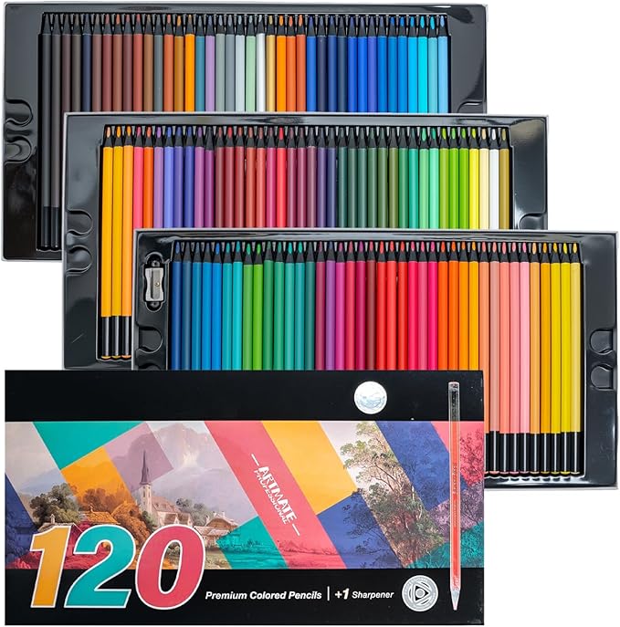 Professional Colored Pencils Set with Sharpener, Black Wood Soft Core, Artist Coloring Pencils for Adult Coloring Books, Drawing, Sketching, Shading & Blending, Gift Box Art Supplies (120 Pcs)