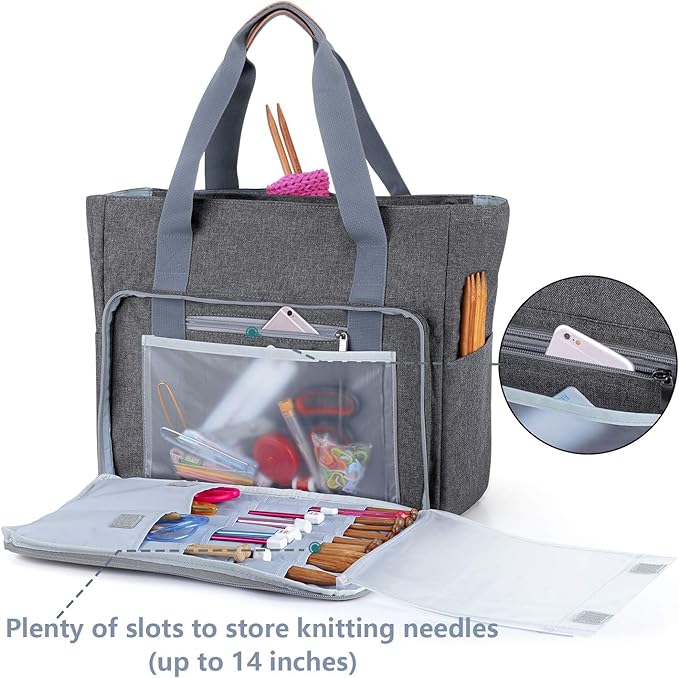 Teamoy Knitting Bag, Travel Yarn Storage Tote Organizer for Yarn, Unfinished Project, Crochet Hooks, Knitting Needles and Accessories, Lightweight, Water-Resistant, Large Capacity, Gray