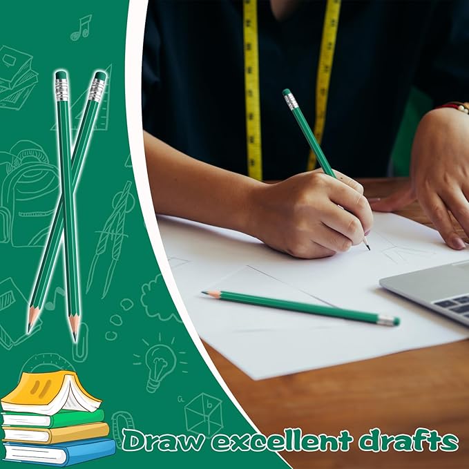 48 PCS Checking Pencils Erasable Colored Pencils with Eraser Pre-Sharpened 2 HB for Checking, Grading, Tests & Office/School Supplies (Green)