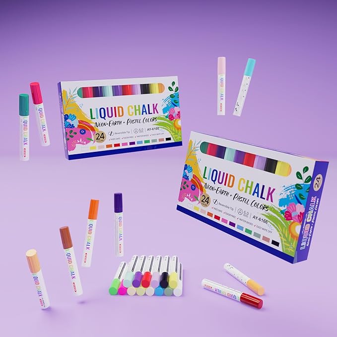 IJIANG 24 Colors Liquid Chalk Markers with 6mm Reversible Bullet & Chisel Tip, Dust Free Chalk Markers for Blackboards Chalkboard Signs Whiteboard Calendar Window Glass