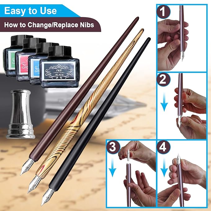 Calligraphy Set For Beginners, 3 Calligraphy Pens, 4 Ink Bottle 15ml, 20 Calligraphy Nibs, 1 Calligraphy Pen Holder, Dip Pen Set, Gift For Men, Women And Kids, Calligraphy Kit For Beginners