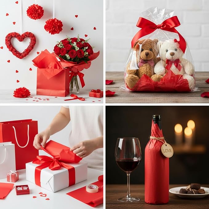 Qilery 500 Sheets Red Tissue Paper Bulk 15 x 20 Inch Valentine's Day Wrapping Paper for Gift Bags Acid Free Tissue for Chinese New Year Craft, Bouquet, Garland, Forming Pompom, Wedding