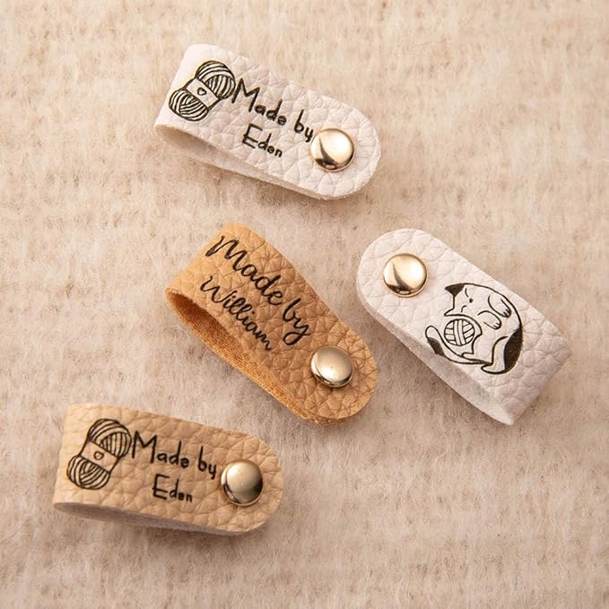 callie Personalized 10-100Pcs Leather Tags with Rivets - Custom Name & 22 Pattern, Made with Love Labels for Hats Beanies Scarves, Gifts for Knitting Sewing Crafting Lovers