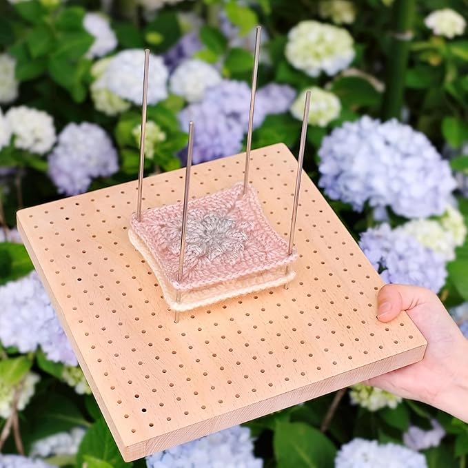HAND U JOURNEY 9 Inch Premium Wooden Crochet Blocking Board - Complete Crochet Accessories Set with 12 Steel Pins - Ideal for Knitting, Granny Squares, and Projects