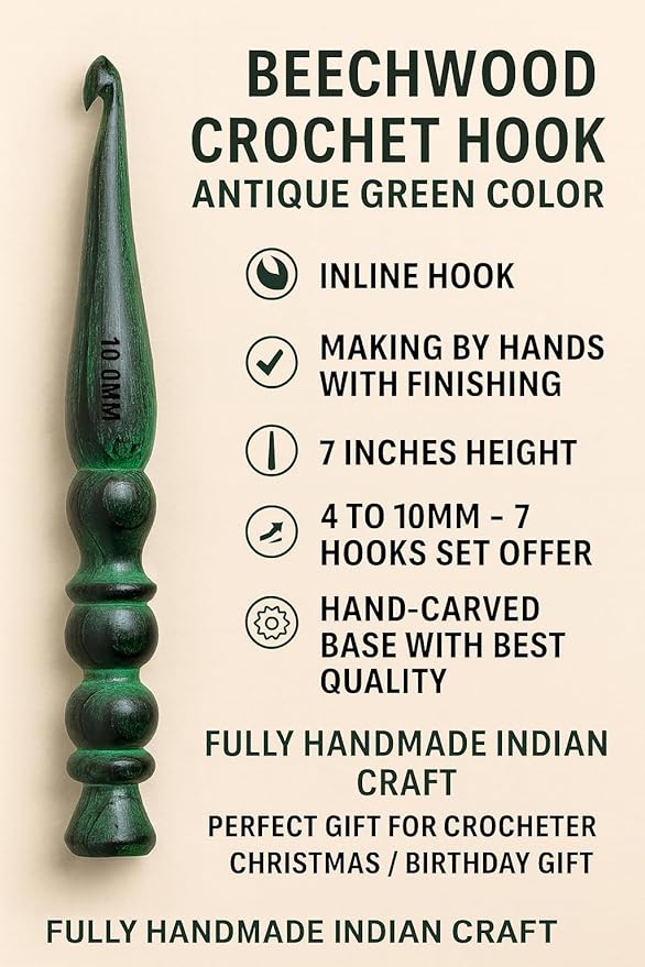Handmade Ergonomic Wooden Crochet Hooks for Arthritic Hands (Set of 7) Needles for Yarn Accessories | Size 4 mm to 10 mm with Engraved | Yarn Tool (Green)