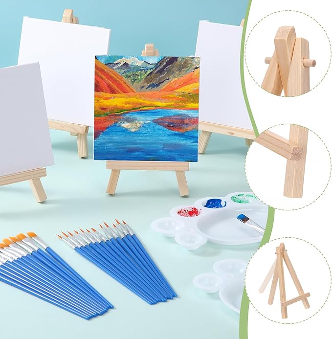 Qilery 24 Set 4 x 4 Inch Mini Canvas Panels and Easel Painting Kit, 12 Colors Acrylic Strips Brush Palettes, Art Painting Kits for Artists Beginners Oil Acrylic Craft Party Favors