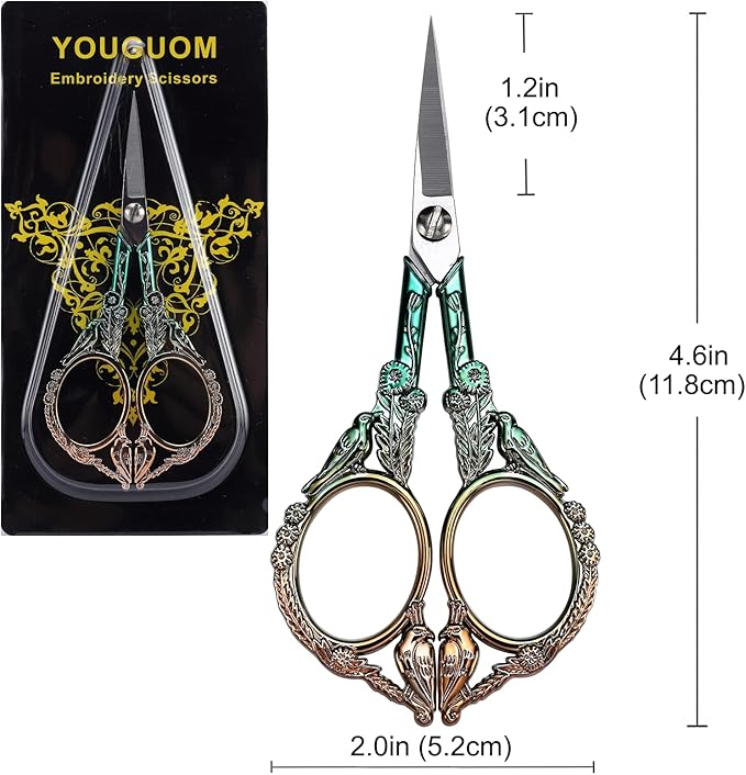 Embroidery Scissors, Sharp Pointed Sewing Scissors for Craft Cross Stitch Needlework Artwork Knitting Threading Small DIY Tools, 4.6in Gold Green Cute Bird