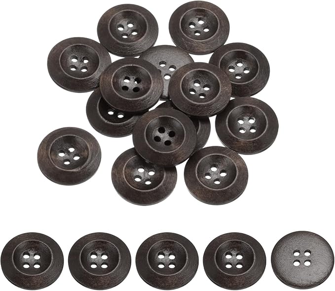 uxcell 80Pcs Wooden Buttons, 23mm(7/8") 4 Hole Round Wood Sewing Button Craft for Sewing DIY Craft Clothing, Dark Brown