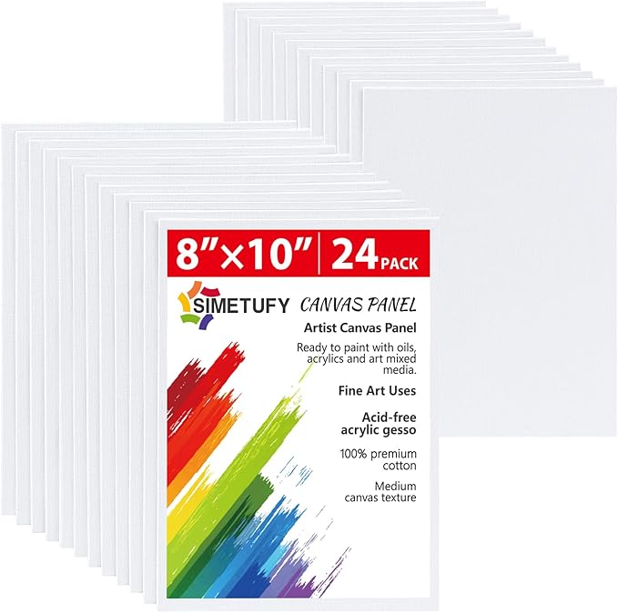 Simetufy Canvas Boards for Painting 8 x 10 inch, 24 Pack Flat Painting Canvas Panels, 8oz Gesso Primed Acid-Free 100% Cotton for Acrylic, Oil Watercolor Paint