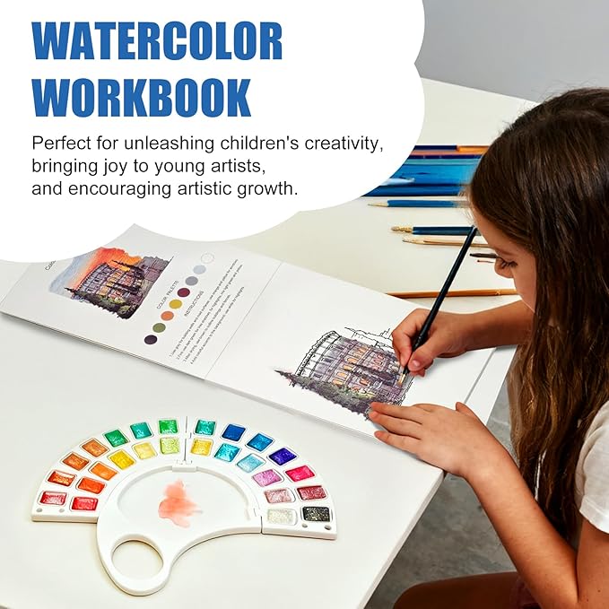 Watercolor Workbook & Water Coloring Book, 13 Pages 300GSM Paper, 26-Color Watercolor Paint Set with Brush & Storage Bag, Beginner-Friendly Coloring Book for Adults — Scenic Architecture Theme