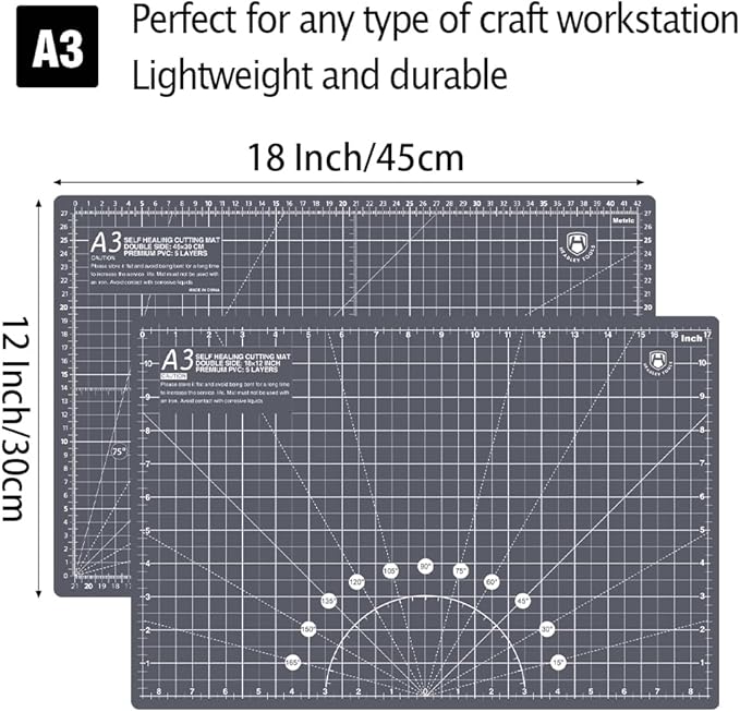 Headley Tools 18"x12" Thickened Self Healing Cutting Mat, A3 Rotary Cutting Sewing Mat for Crafts, Double Sided 5-Ply Table Cutting Board for Fabric Quilting Leather Arts Hobby Project, Grey
