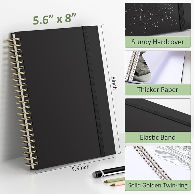 Forvencer 2 Pack Blank Spiral Notebook, 8"x 5.6"Hardcover Sketch Book, 100GSM Thick Paper, Art Sketchbook for Women & Adult, 2 x 100 pages Drawing Book Journal for School Office Drawing, Black