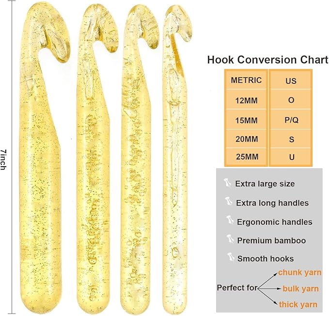 Mdoker Huge Crochet Hook Set Size 12mm(O)/15mm(P/Q)/20mm(S)/25mm(U) Large Crochet Hooks Needles for Giant Chunky Yarn Carpet Scarf Bulky Wool Roving Weaving