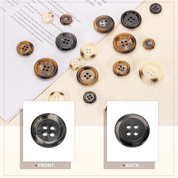 HARFINGTON 24pcs Sewing Button 15mm (5/8") 4 Holes Resin Round Buttons Craft Sewing Accessories for Clothing DIY Crafts Decoration, Black-Grey