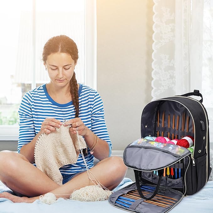 Knitting Bag Crochet Backpack for Crocheters,Yarn Organizer Storage for Knitters Travel,Large Capacity Crochet Bag Yarn Storage Tote Bag with USB Port Knitting Gifts for Women