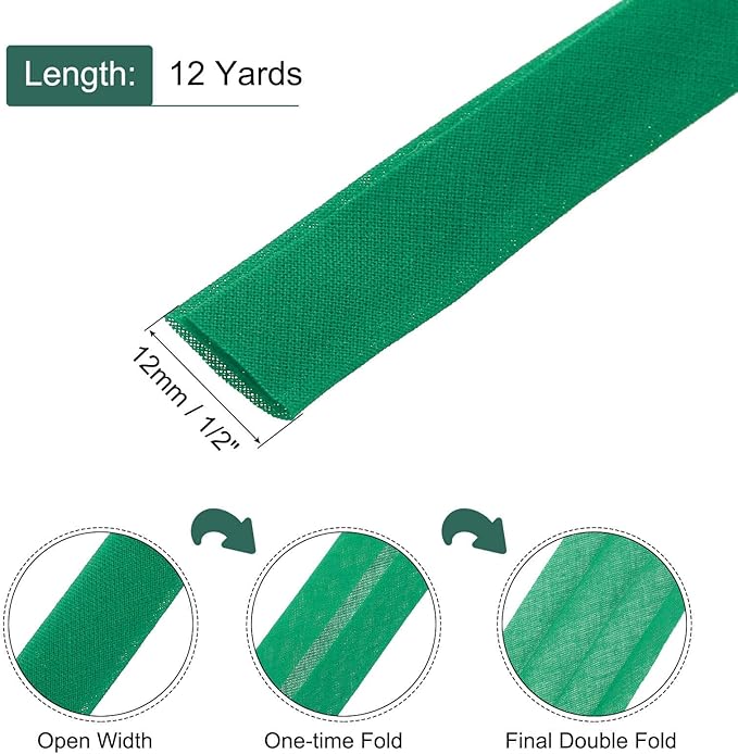 MECCANIXITY 1/2 Inch Double Fold Bias Tape Continuous Bulk Cotton Bias Tape for Sewing Seaming Quilting Hemming Binding Crafts (Dark Green 12 Yards)