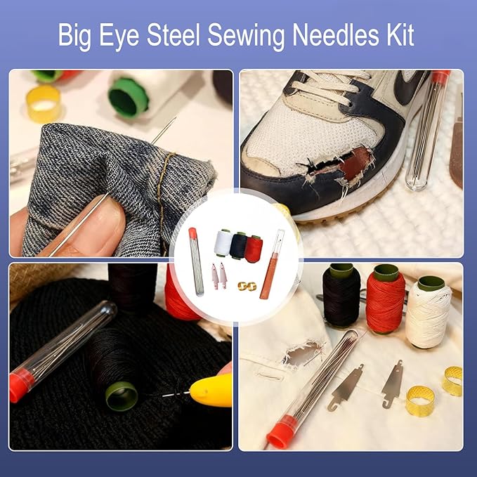 Large-Eye Steel Sewing Needle Set, Stainless Steel Hand Sewing Needle Set [25 Steel Needles, 1 Needle Box, 1 Sewing Ripper, 2 Needle Threading Tools, 4 Threads, 2 Thacks] (34 PCS)