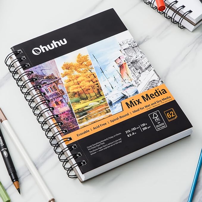 Ohuhu Mix Media Pad, 8.5"x6" Mixed Media Art Sketchbook, 120 lb/200 gsm Heavyweight Papers, 62 Sheets/124 Pages, Spiral Bound Mixed Media Paper Pad for Acrylic, Painting Christmas Gift